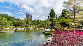 色彩繽紛的植物簇擁着池塘，是中式園景區的焦點。池塘邊緣彎彎曲曲，顯得水邊更柔和，也提供了更多觀景點。